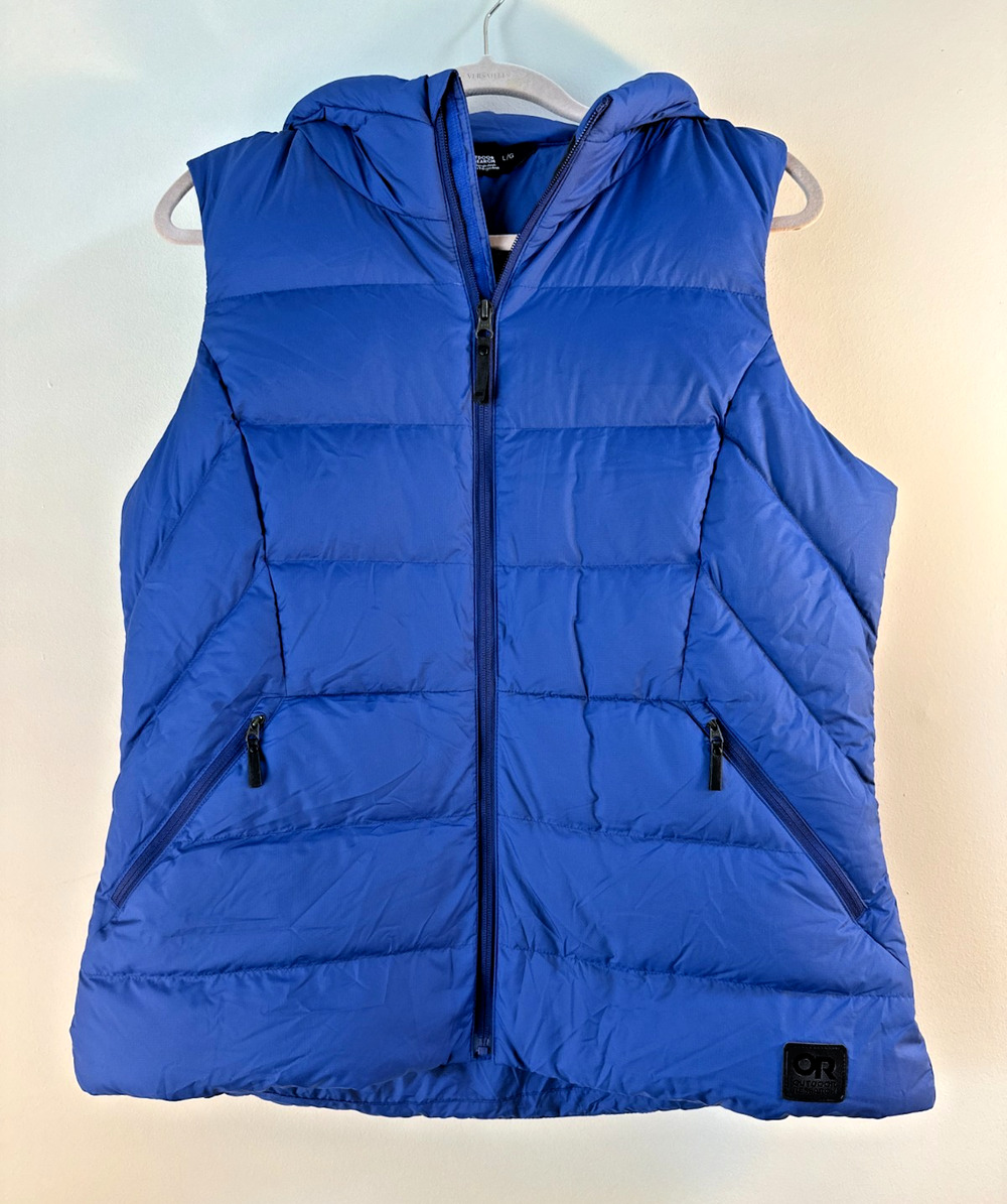Outdoor Research Don Julio Hooded Puffer Vest Mens Large Blue Insulated Full Zip